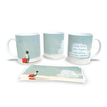 Imagem de Caneca com Ilustração de Criança e Estrelas, Frase Fernando Pessoa, Design Noturno, Cerâmica Branca (18723)