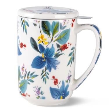 Imagem de AmorArc Caneca de chá de porcelana com infusor e tampas, coador de xícara de café de 510 g com suporte de saco para chá de folhas soltas, caneca de café de imersão para presente de aniversário de