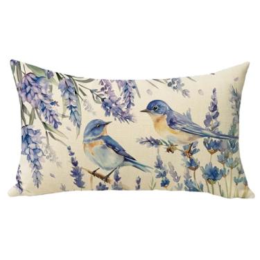 Imagem de Fjfz Capa de almofada decorativa para a lombar primavera verão pássaro azul 30 x 50, flor de lavanda retangular decoração de casa ao ar livre, capa de almofada de sofá floral sazonal presente de