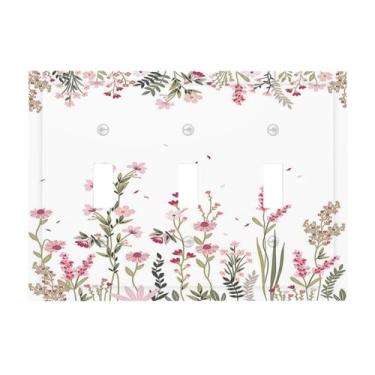 Imagem de Nadoabtm Placa decorativa para interruptor de luz, borda de flores silvestres pastel, floral, placa de parede de 3 grupos, tampa de tomada elétrica tripla para decoração de quarto de cabine