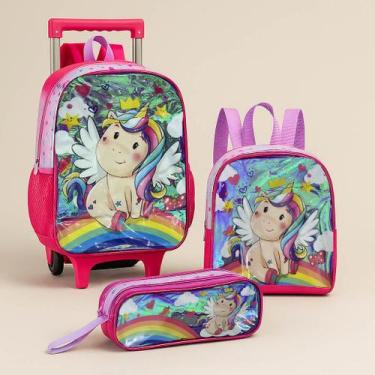 Imagem de Kit Mochila Escolar Infantil De Rodinha + Lancheira + Estojo Unicórnio