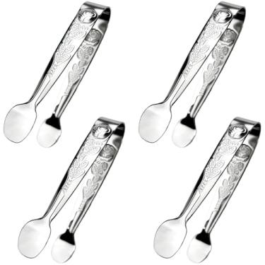 Imagem de 4 pinças de servir com padrão rosa – Pinças de açúcar e gelo de aço inoxidável de 10 cm para festas de chá, cafés, aperitivos e uso na cozinha (prata)