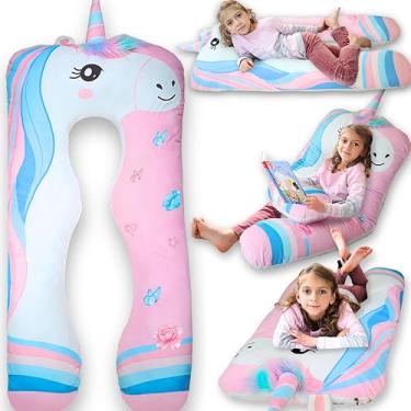 Imagem de Almofada de corpo infantil unicórnio – Almofada macia de pelúcia longa em forma de U de 119 cm para crianças, dormir, ler, TDAH e necessidades especiais conforto, ansiedade, capa lavável, almofada