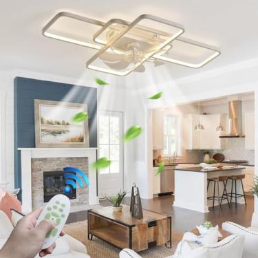 Imagem de Luminária de teto com ventilador, silencioso, branco, com aplicativo de iluminação e controle remoto, LED dimerizável de 120W para sala de estar, quarto e sala de jantar, 6 velocidades, time