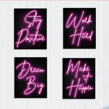 Imagem de 4 peças de pôsteres de parede com citação rosa neon para decoração de quarto estética, impressões de arte de parede neon motivacionais permaneçam positivas, decorações modernas para quarto dormitório