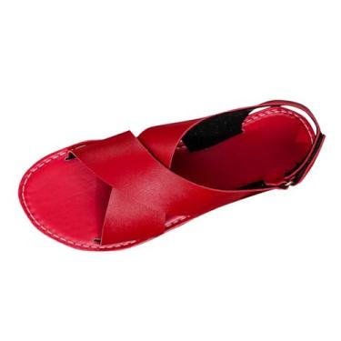 Imagem de Sandálias rasteiras femininas de lazer com bico aberto – design de boca de peixe para uso casual primavera verão, Vermelho, 36