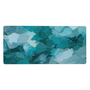 Imagem de Tapete de mouse grande abstrato turquesa mármore à prova d'água tapete protetor de mesa estendido para computador, base de borracha antiderrapante para escritório, computador, teclado, laptop e mesa
