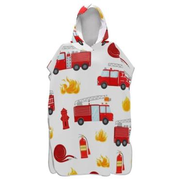 Imagem de TSENQUE Roupão para adultos, poncho de surfe, com capuz, toalha de praia, estampada, reutilizável, fofo, vermelho, caminhões de bombeiros, ponchos adultos para mulheres