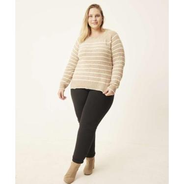 Imagem de Suéter Plus Size Feminino Tricô Listrado Marisa-70970, Bege, M