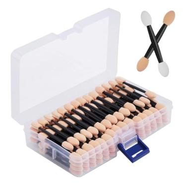 Imagem de 50 aplicadores descartáveis de esponja de sombra dupla face - pincéis de maquiagem de 6 cm com recipiente de armazenamento preto (com uma caixa)