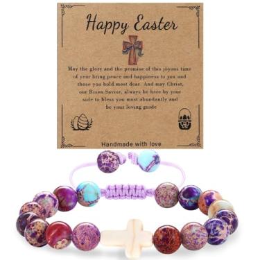 Imagem de Cunno Cesta de Páscoa para mulheres, pulseira de contas com pingente de cruz com caixa de presente de pedra natural e cartão, conjunto de joias cristãs, batismo, comunhão, presente de aniversário