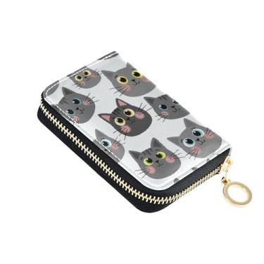Imagem de Carteiras com porta-cartões, bloqueio de RFID, zíper ao redor, carteiras femininas de couro, carteira de dinheiro de viagem com bolso para moedas, desenhos animados, gatos, cinza, branco