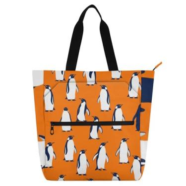 Imagem de GAIGEO Sacola feminina para trabalho com pinguins de desenho animado laranja bolsa de lona praia com zíper bolsa infantil fofa com compartimentos