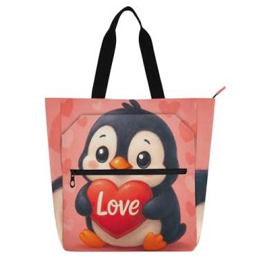 Imagem de GAIGEO Linda sacola de desenho animado com corações vermelhos de pinguim para mulheres, bolsas de tecido de lona, faculdade, escola, viagens, amantes de livros