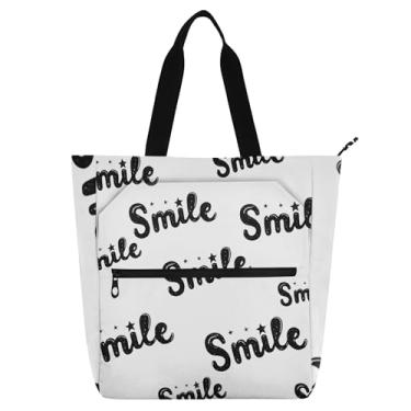 Imagem de GAIGEO Smile Stars Sparkles Bolsas femininas pretas e brancas para trabalho, lona, zíper, bolsa de praia, carteiro, amantes de livros