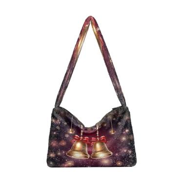 Imagem de GAIGEO Fundo vermelho com flocos de neve bolsas femininas bolsa de ombro, bolsas de ombro para mulheres, bolsa feminina para uso ao ar livre, Christmas With Merry Bells and Lights-4, One Size