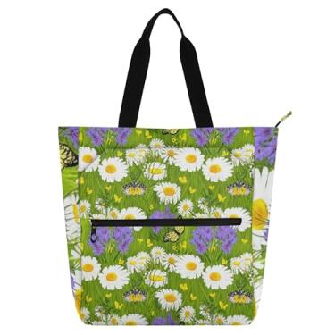 Imagem de GAIGEO Sacola de margaridas brancas silvestres para mulheres e crianças com zíper bolsa de livro floral média reutilizável bolsa de trabalho escolar