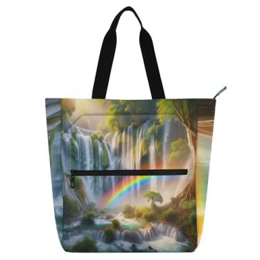 Imagem de GAIGEO Sacolas femininas de lona para trabalho com cena de cachoeira arco-íris, bolsa escolar universitária, bolsa de viagem com compartimentos