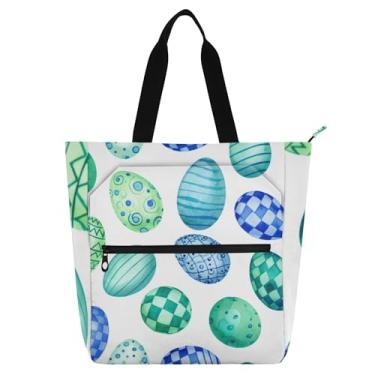 Imagem de GAIGEO Sacola feminina azul verde com ovos de páscoa branca para trabalho bolsa escolar bolsa carteiro bolsa carteiro com compartimentos