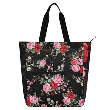 Imagem de GAIGEO Sacola feminina floral rosa vermelha rosa rosa preta para trabalho bolsa escolar bolsa para livros bolsa de mão todos os dias com compartimentos