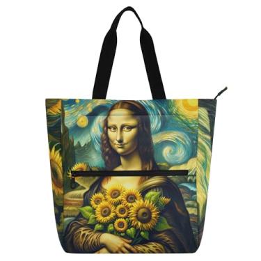 Imagem de GAIGEO Bolsa de mão Mona Lisa Girassol Starry Night Book para mulheres e crianças, com zíper, lona, trabalho, escola, professor, bolsa, impressão artística