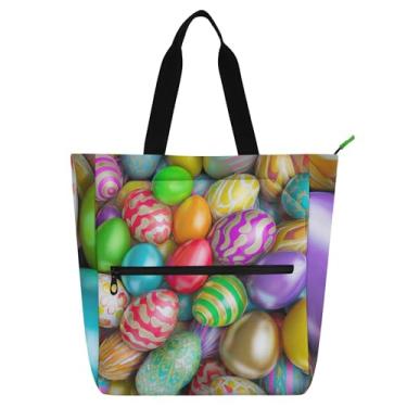 Imagem de GAIGEO Bolsas femininas coloridas com ovos de páscoa para trabalho, lona, faculdade, escola, bolsas médias com compartimentos