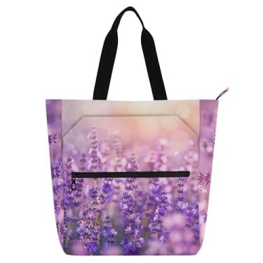 Imagem de GAIGEO Bolsa de trabalho com flores roxas de campo de lavanda para mulheres, bolsas de lona para faculdade, escola, bolsas médias para amantes de livros