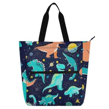 Imagem de GAIGEO Sacola feminina linda de dinossauros azul laranja para trabalho, lona, bolsa de tecido universitária, utilitária, presente infantil para amantes de livros