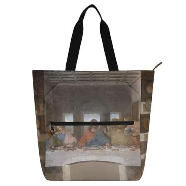 Imagem de Da Vinci Last Supper Prints Bolsas femininas de lona escolar com zíper bolsas fofas para amantes de livros presentes