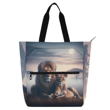Imagem de Bolsas de trabalho femininas com cenário de leão, animal africano, bolsa escolar de lona com zíper, bolsas fofas, para amantes de livros, presentes