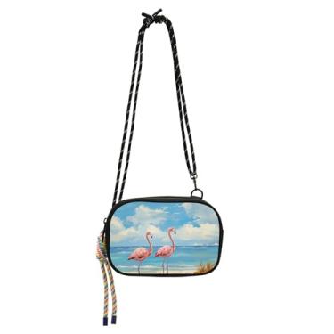 Imagem de TSENQUE Bolsa feminina transversal pequena bolsa carteira para celular bolsas de cinto flamingos aquarela bolsas de praia bolsas de ombro bolsas de ombro