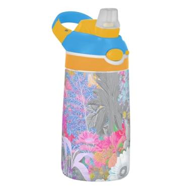 Imagem de Garrafa de água infantil de 473 ml com tampa de palha, garrafa de água esportiva portátil para escola, à prova de vazamento, copo infantil Tritan de 473 ml, alça de transporte, lindas plantas florais