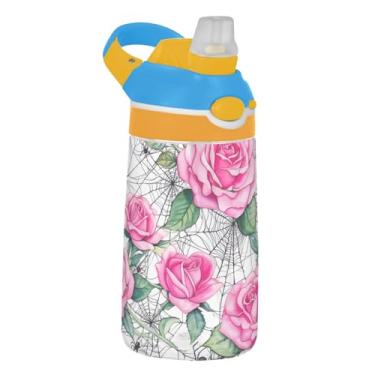 Imagem de Pink Roses Spider Webs Garrafa de água branca para crianças 473 ml Garrafa de água esportiva portátil com tampa de canudo 473 ml Copo infantil reutilizável à prova de vazamento, alça de transporte
