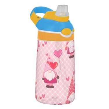 Imagem de Cute Valentine Gnomos Pink Kids Garrafa de água esportiva portátil de 473 ml com tampa de canudo 473 ml Tritan reutilizável infantil copo de viagem à prova de vazamento, alça de transporte