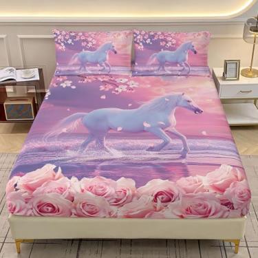Imagem de AILONEN Jogo de lençol casal com cavalo branco, rosa e flor de cerejeira, para crianças, adolescentes, meninas, lençol com elástico e 2 fronhas, 3 peças