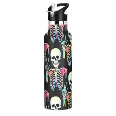Imagem de Joisal Garrafa de água esportiva com isolamento infantil, esqueleto neon, preto, 590 ml, parede dupla, vácuo, livre de BPA, copos de viagem de aço inoxidável para crianças com tampa de canudo