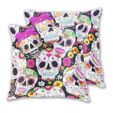 Imagem de Joitme Conjunto de 2 capas de almofadas coloridas de caveiras e flores pretas com 2 fronhas fofas para ambientes externos capas de almofadas para sofá, 45 x 45 cm, 2 peças