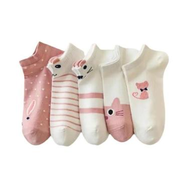 Imagem de Meias De Algodão Rosa Femininas Com Estampa De Coelho, 5 Pares, Estilo