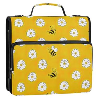 Imagem de Abelha amarela flores brancas 3,8 cm 3 anéis fichários D fichário organizador com zíper bolsa escolar com alça de ombro portfólio e estojo suporte de pasta de anel