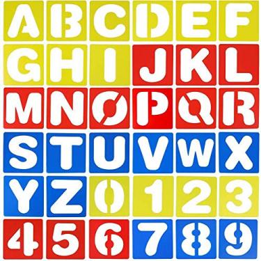 Imagem de Emoly Conjunto de 36 peças de estênceis do alfabeto e números, estênceis de letras de plástico para aprendizagem de pintura, decoração de artesanato DIY 9,4 x 9,4 cm
