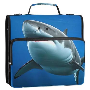 Imagem de Organizador de fichário de tubarão branco azul oceano com zíper 3 fichários D de 3 cm com alça de ombro para portfólio escolar e suporte de pasta de anel