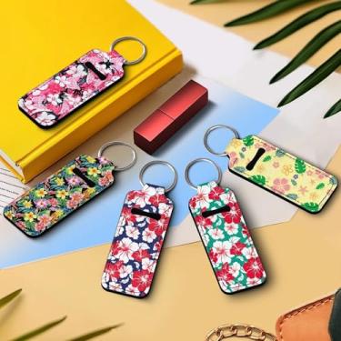 Imagem de Chaveiro floral tropical de hibisco labial para mulheres - Linda bolsa de batom personalizada, capa de brilho labial resistente ao desbotamento para bolsa, viagem, presente elegante