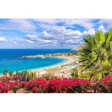 Imagem de Nihilar Pano de fundo havaiano de 3 x 2,4 m de praia, palmeiras turquesa, baía, palmeiras, flores vibrantes, fundo fotográfico para férias de verão, luau aloha, festa, decoração de casa, faixa de