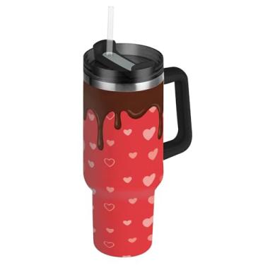 Imagem de Blueangle Copo de coração de chocolate ao leite de 850 g com alça e tampa de palha, caneca de viagem de aço inoxidável isolada a vácuo de parede dupla, garrafa de água reutilizável para academia de