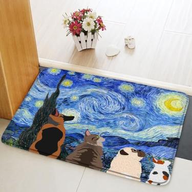 Imagem de Tapete de banho com tema de noite estrelada, animal engraçado, cão e gato, relógio The Night View, arte abstrata, pintura a óleo, tapetes de banheiro, capacho de cozinha, tapete de banheiro 45 x 75 cm