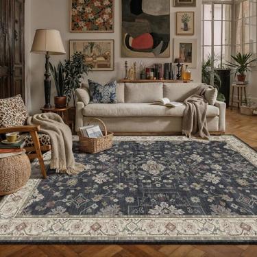 Imagem de PureCozy Tapete de área, 15 x 23 cm, lavável, vintage, preto, sala de estar, antiderrapante, quarto, pilha baixa, fina, grande, para sala de jantar, tapete resistente a manchas, escritório