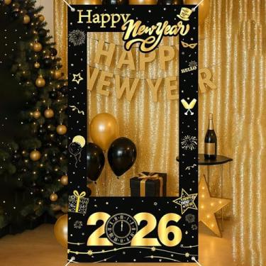 Imagem de Cenário de cabine de fotos de ano novo de 2026 - adereço de moldura de festa de ouro preto, decorações de férias para véspera de ano novo/gala corporativa/reunião de família (120 x 59,9 cm)