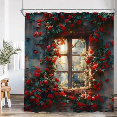 Imagem de Cortina de chuveiro italiana Street View, videira verde, rosa vermelha, peitoril da janela, planta externa, decoração de banheiro europeia, cortina de banho 47 x 59 pol. - 120 x 150 cm/L x A cortina