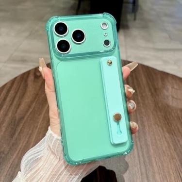 Imagem de Capa de silicone transparente de luxo com fluorescência brilhante para iPhone 17 Air 16 15 14 13 Mini 12 Pro Max Plus com alça de pulso e suporte (para iPhone 12 Pro/Ciano)