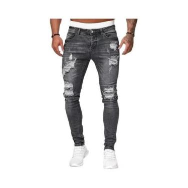 Imagem de Calças Jeans Skinny Rasgadas Com Lavagem Vintage Para Homens, Casual, 